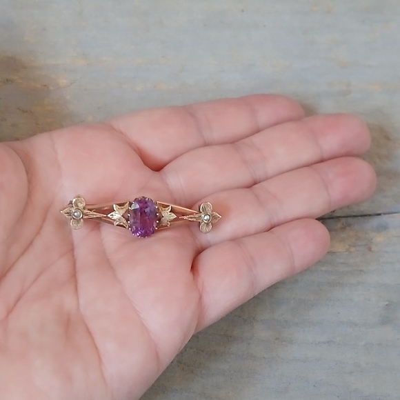 Antique Victorian 14K Yellow Gold Amethyst Bar Brooch Pin 5.7 Grams 1.8" - Picture 14 of 16